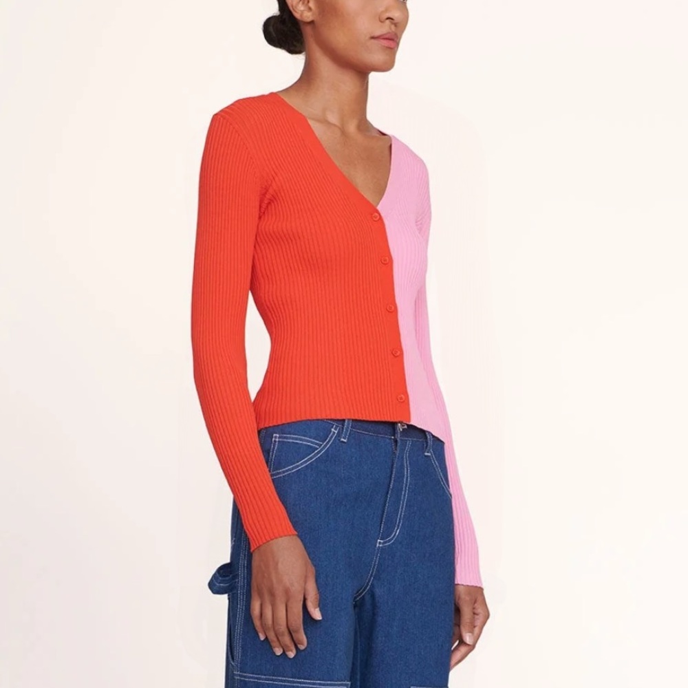 NWT STAUD Women’s Red Pink Cargo Cardigan Sweater Ribbed Size Large - Picture 1 of 12